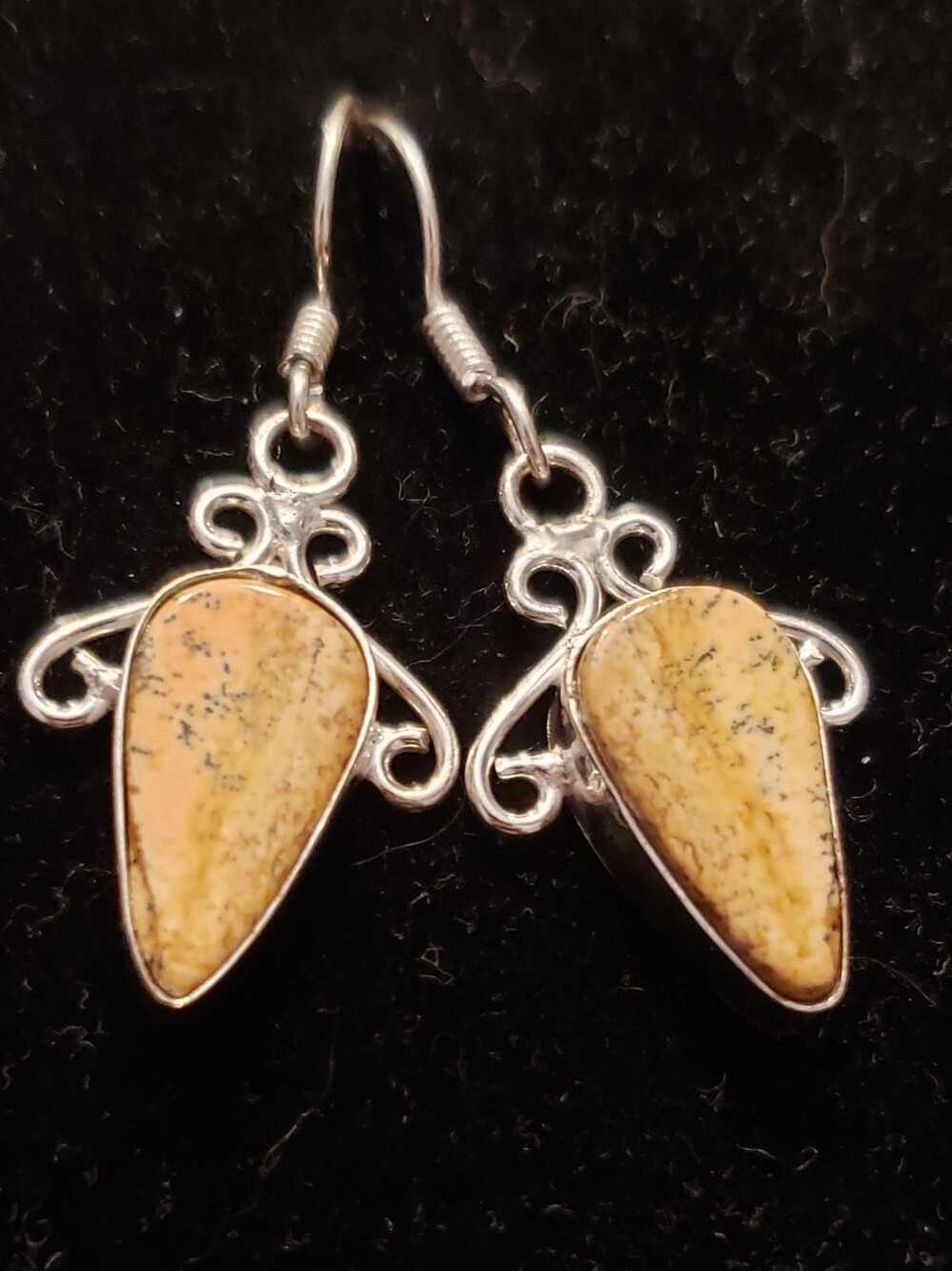 NWOT Boho Picture Jasper Gemstone Cabochon & Silver Teardrop Earrings-1.5-wires.